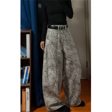 美式复古豹纹牛仔裤女2025秋季微胖MM高个子高级阔腿通勤拖地裤子