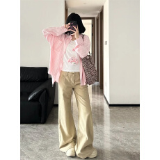 高个子加长版牛仔裤女秋冬加绒卡其色不贴腿微喇叭低腰阔腿拖地裤