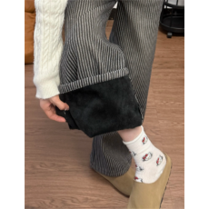 批发微胖mm复古黑色<b class='q'>条纹</b>阔腿加绒牛仔<b class='q'>裤</b>女2025秋冬新款宽松直筒休闲<b class='q'>裤</b>