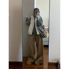 批发卡其色微胖高腰直筒牛仔裤女2025秋冬爆款潮流慵懒风阔腿气质长裤