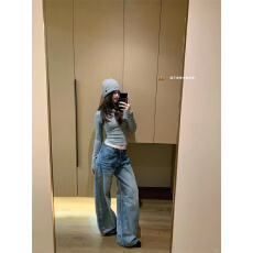 美式弯刀牛仔裤女秋冬新款宽松休闲慵懒风低腰辣妹风显瘦阔腿裤子