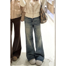 批发韩版宽松牛仔<b class='q'>裤</b>女秋冬新款复古磨白水洗设计感简约百搭低腰微喇<b class='q'>裤</b>