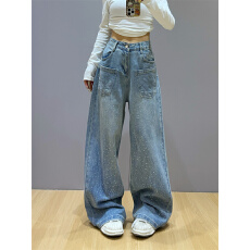 批发设计感<b class='q'>镶钻</b><b class='q'>牛仔裤</b>女2025秋冬新款高腰阔腿裤刺绣显瘦水洗拖地长裤