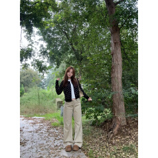 批发美式复古微喇加厚加绒卡其色牛仔裤女2025<b class='q'>秋</b>冬新款修身辣妹阔腿裤