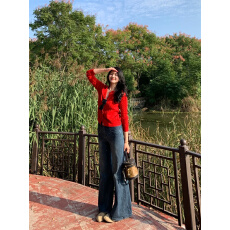 批发微胖mm高腰不贴腿复古水洗微喇牛仔裤女<b class='q'>秋</b>冬显瘦设计感百搭阔腿裤