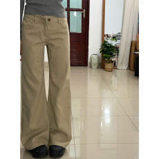 批发老钱风微喇<b class='q'>牛仔裤</b>女秋冬加绒加厚卡其色辣妹低腰修身显瘦拖地长裤