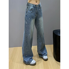 批发大码复古纸片人烫钻爆闪<b class='q'>牛仔裤</b>冬季2025宽松气质高街直筒高腰长裤