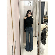 批发大码胖mm微喇牛仔裤女秋冬复古港风高个子加长版马蹄喇叭显瘦裤子