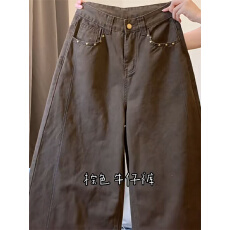 批发美式口袋<b class='q'>镶钻</b>拼接咖色休闲直筒<b class='q'>牛仔裤</b>女秋冬新款高个子高腰拖地裤