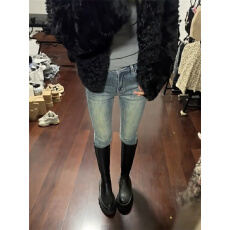 批发<b class='q'>韩国</b>东大门新款复古高腰修身提臀显瘦铅笔小脚毛边百搭牛仔裤