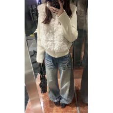 大码美式复古风高个子阔腿磨白牛仔裤女秋冬新款折痕显瘦直筒长裤