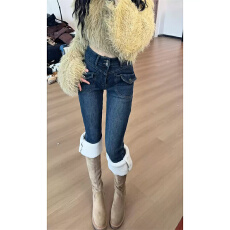 批发复古加绒铅笔牛仔裤女冬季2025新款<b class='q'>高腰</b>弹力加厚保暖配靴子小脚裤