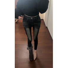 批发美式复古加绒铅笔牛仔裤2026新款<b class='q'>高腰</b>加厚保暖弹力配靴子小脚裤