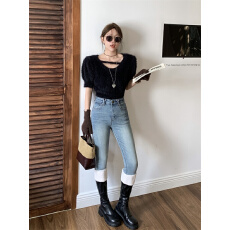 批发后口袋翻盖~浅蓝色紧身牛仔裤女修身小脚<b class='q'>铅笔裤</b>靴裤磨毛