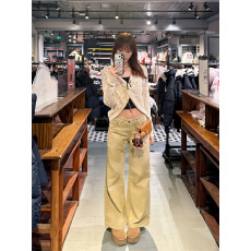 加绒加厚复古卡其色牛仔裤美式低腰高个子加长不贴腿喇叭裤