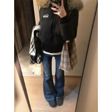 批发微胖mm深蓝色低腰显瘦微喇<b class='q'>牛仔裤</b>春款复古修身百搭辣妹直筒裤