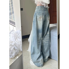 批发水洗猫须百搭高级阔腿<b class='q'>牛仔裤</b>2026新款高腰百搭通勤拖地长裤