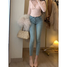 批发浅蓝色高腰加绒显瘦牛仔裤新款紧身修身小脚弹力<b class='q'>铅笔裤</b>