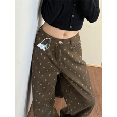 批发复古碎花可可棕阔腿牛仔裤新款巨好看窄版显瘦高腰长裤