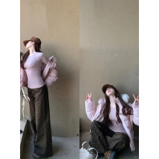 批发巨好看复古碎花可可棕阔腿牛仔裤2026新款窄版显瘦高腰裤子