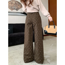 批发美拉德复古棕色碎花牛仔裤2026春季新款宽松直筒阔腿拖地裤子