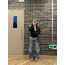 时尚水洗阔腿牛仔裤女2026春季胖mm高腰设计感百搭镰刀宽松长裤