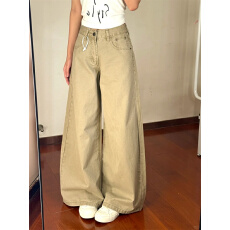 批发卡其色街头风宽松百搭<b class='q'>牛仔裤</b>新款高腰设计感显瘦拖地阔腿<b class='q'>裤</b>