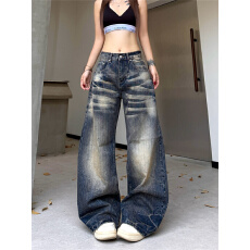 美式复古做旧弯刀裤牛仔裤春季高腰宽松直筒梧桐阔腿镰刀裤子