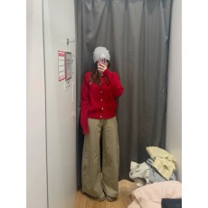 美式复古卡其色工装弯刀加绒牛仔裤春季加厚宽松直筒阔腿裤子