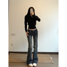 牛仔裤女春季新款美式辣妹做旧低腰微喇裤修身显瘦百搭拖地喇叭裤