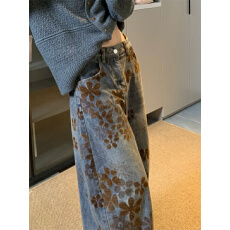 美式复古做旧印花弯刀牛仔裤春季2026新款宽松直筒阔腿镰刀裤