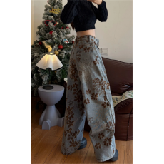 批发新中式复古提花牛仔<b class='q'>裤</b>女春季新款小众设计高腰垂感显瘦阔腿<b class='q'>裤</b>子潮