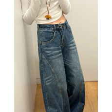 批发美式水洗弯刀牛仔裤女2026<b class='q'>春</b>季新款宽松百搭直筒阔腿垂感拖地裤潮