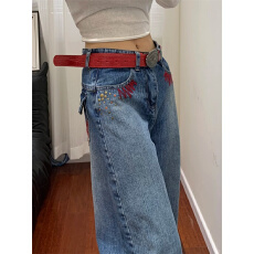 批发美式复古竹节纹刺绣弯刀牛仔裤<b class='q'>春</b>季宽松直筒阔腿拖地镰刀裤子