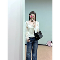 批发设计感折痕做旧水洗牛仔裤女<b class='q'>春</b>季2026新款宽松阔腿裤低腰拖地长裤