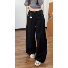 批发微胖mm黑色铆钉高腰阔腿牛仔裤女<b class='q'>秋</b>冬美式高街宽松显瘦百搭直筒裤