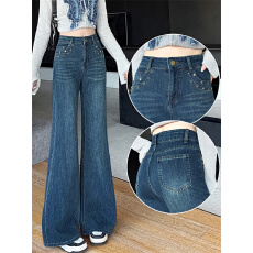 批发满天星烫钻<b class='q'>钉珠</b>微喇<b class='q'>牛仔裤</b>女春季2026新款高腰宽松不贴腿喇叭裤子