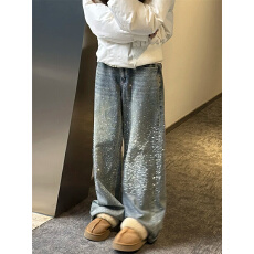 批发浅色阔腿带钻牛仔裤加绒女<b class='q'>大码</b>胖mm烫钻爆闪裤梨型<b class='q'>超</b>好看炸街裤