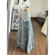 批发韩系中长印花牛仔<b class='q'>半身</b>裙女2026春夏新款蓝色高腰显瘦a字包臀长裙