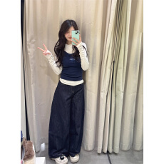 批发微胖mm深色松弛感阔腿牛仔<b class='q'>裤</b>女高腰显瘦宽松梨形身材遮胯直筒长<b class='q'>裤</b>