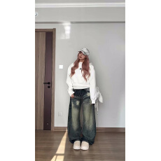 批发美式复古做旧弯刀<b class='q'>裤</b>牛仔<b class='q'>裤</b>女春季2026新款高腰宽松直筒阔腿镰刀<b class='q'>裤</b>