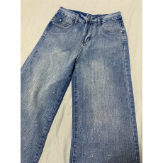 批发大码复古闪光<b class='q'>镶钻</b>蓝色宽松<b class='q'>牛仔裤</b>女2026春季新款美式拖地直筒阔腿