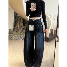 批发美式复古刺绣弯刀工装<b class='q'>牛仔</b>裤女夏季阔腿宽松<b class='q'>哈伦</b>梧桐镰刀拖地裤子