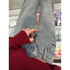 批发牛仔<b class='q'>裤</b>女春季新款高级感爆闪烫钻时尚洋气百搭高腰显瘦直筒拖地<b class='q'>裤</b>