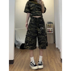 批发微胖mm高街宽松休闲工<b class='q'>装</b>七分<b class='q'>裤</b>女<b class='q'>夏季</b>新款美式多口袋迷彩牛仔中<b class='q'>裤</b>