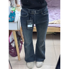 批发微胖mm美式复古微喇叭直筒<b class='q'>裤</b>女双扣高腰修身显瘦百搭垂感牛仔<b class='q'>裤</b>子