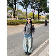 批发美式复古水洗弯刀牛仔<b class='q'>裤</b>夏季小个子加长宽松拖地垂感阔腿<b class='q'>裤</b>子潮