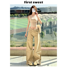 批发卡其色低腰微喇<b class='q'>牛仔裤</b>女2026年夏季新款宽松显瘦美式直筒<b class='q'>喇叭</b>裤子