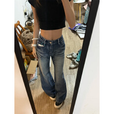 批发<b class='q'>牛仔裤</b>女夏季新款vibe高街水洗猫须设计感<b class='q'>微喇</b>裤通勤百搭拖地长裤