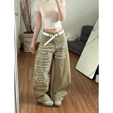 批发微<b class='q'>胖</b><b class='q'>mm</b><b class='q'>字母印花</b>弯刀工装牛仔裤女美式复古水洗宽松休闲垂感阔腿裤